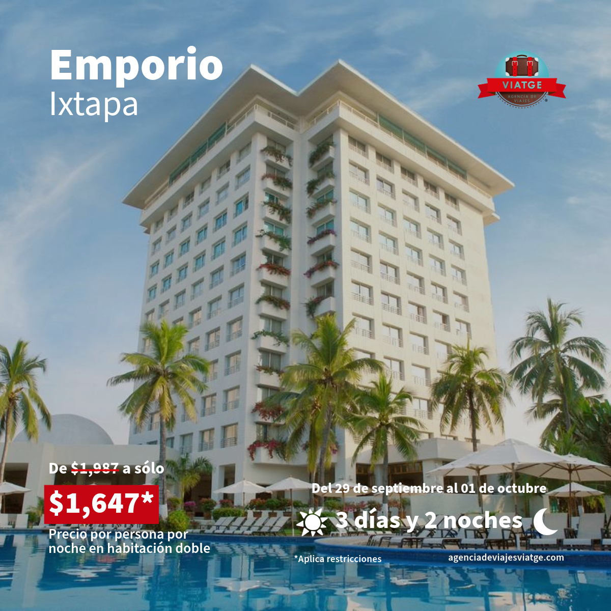 ¡Vacaciones en Ixtapa! Alójate en el hotel Emporio y disfruta de unos días de descanso a la orilla de la playa en Plan Todo Incluido.