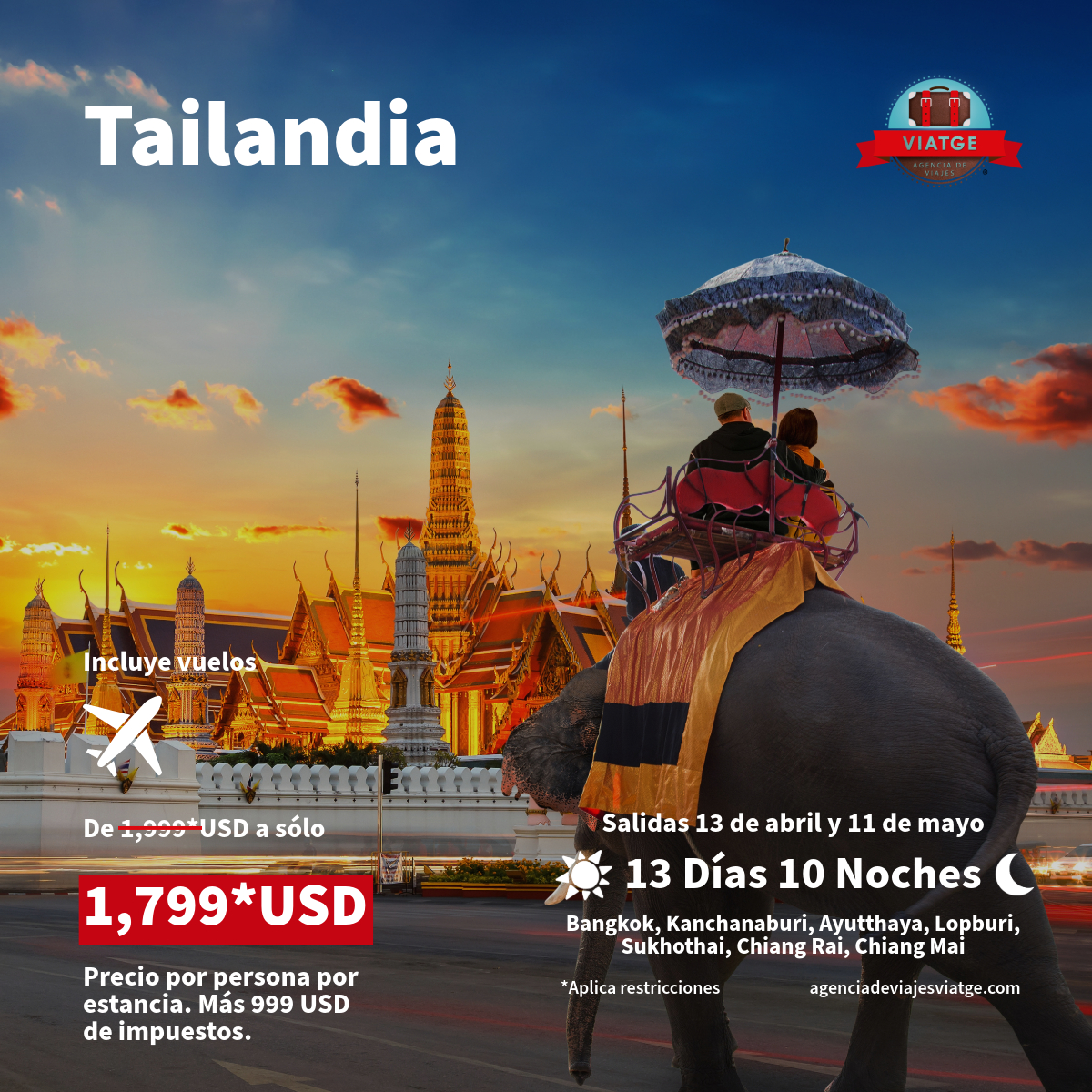 ¡Aprovecha esta increíble tarifa para visitar Tailandia! Paisajes, playa, aventura, tours y mucho más. Da clic y conoce los detalles.