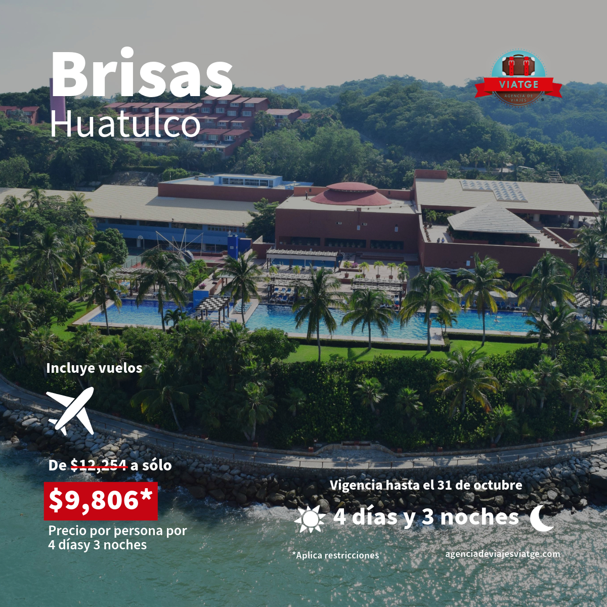 Descansa unos días en el hotel Brisas Huatulco y disfruta de su hermosa playa y servicio Todo Incluido. Da clic para detalles.